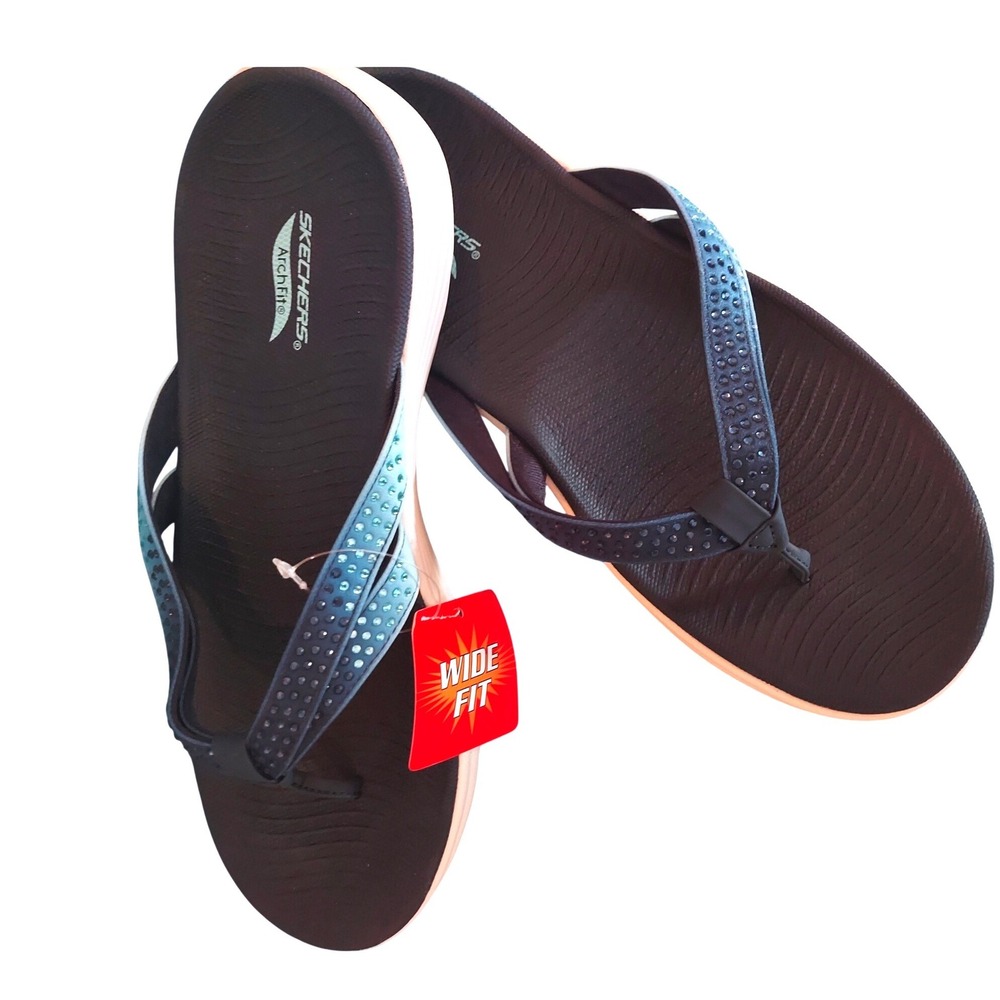 Skechers Arch Support Fit Wide Fit Rhinestone Thong Sandals Navy  Womens 9 NWT